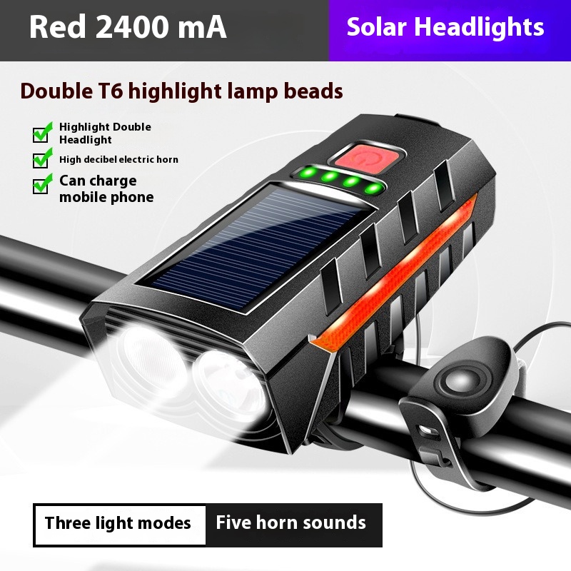Bicycle Light Headlight Horn Dual Light Solar Rechargeable Strong Flashlight Night Riding Light Gear
