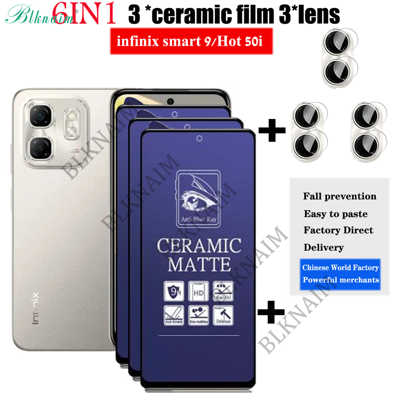 BLKNAIM 6-IN-1 3pcs Glass+3pcs Lens For infinix smart 9/ Hot 50i Glass purple light ceramic film Tempered Glue Glass Hard Screen Protector Screen Camera Lens
