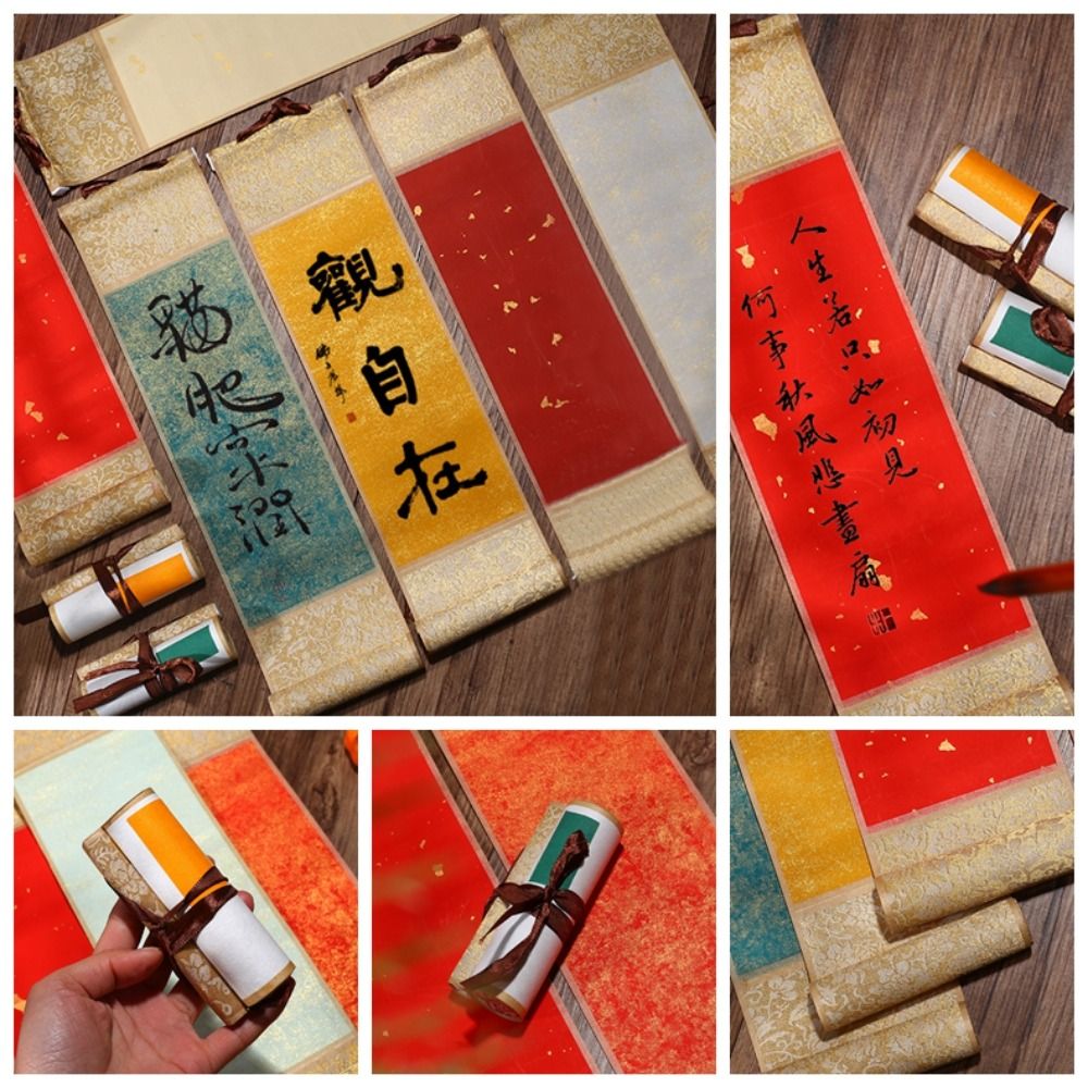 Chinese Style Portable Teahouse Self-made Gifts Calligraphy Mounting DIY Crafts Mini Batik Trumpet Scroll Blank Hanging Scroll Painting Drawing Paper Gilded Rice Paper Scroll