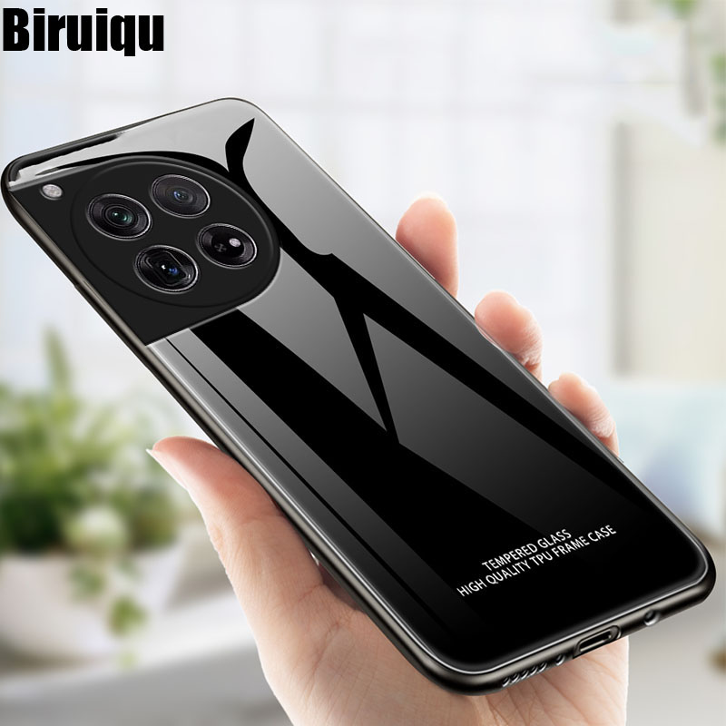 Biruiqu For OnePlus 12 Shockproof Fashion Marble Tempered Glass Back Case Cover