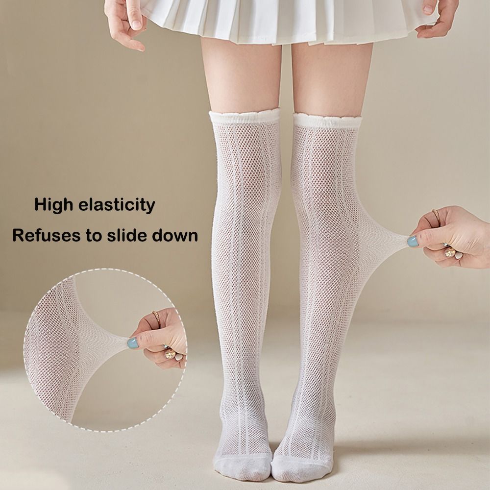 New Cotton Long Stockings Hollow Solid Color Knee High Long Socks Thin Over Knee Sock Girls
