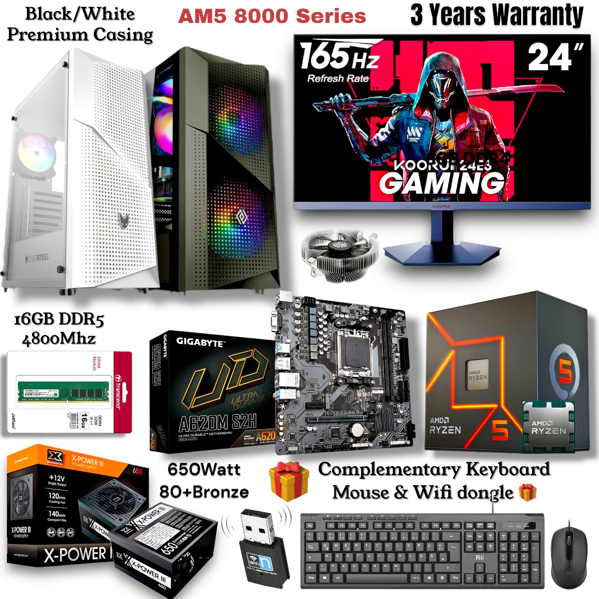 Powerful Ryzen 5 8500G Gaming PC Setup with Gigabyte AM5 A620M V2 DDR5 Board, DDR5 16GB 4800Mhz RAM