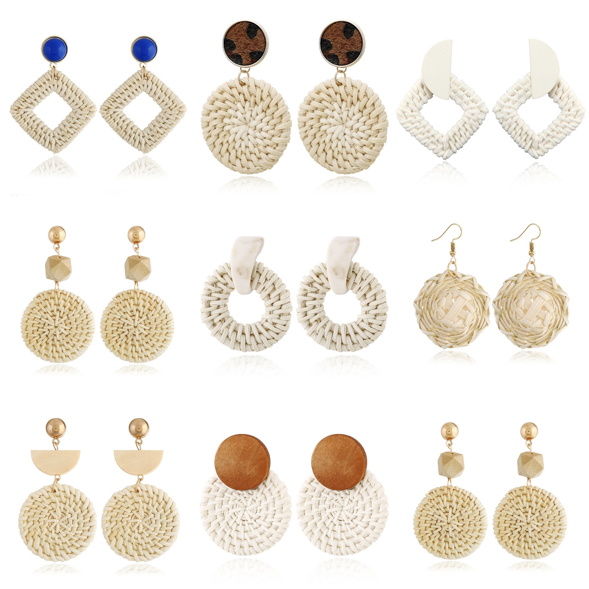 【New Arrivals】Wood Bamboo Rattan Handmade Straw Geometric Hollow Rattan Earrings Retro Anna Earrings for Women