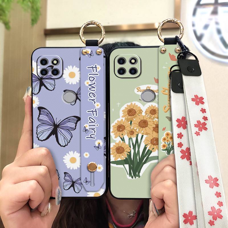 Durable Silicone Phone Case For infinix Hot70/X6895 Lanyard Fashion Design Oil Painting Anti-dust Protective Flower Ring