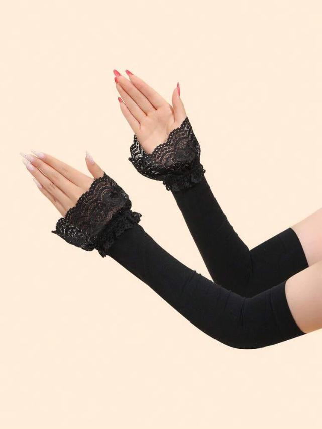 1 Pair Long Lace Fingerless Gloves - Gothic Mesh Oversleeve for Women | Sun Protection Arm Sleeves with Hollow Design