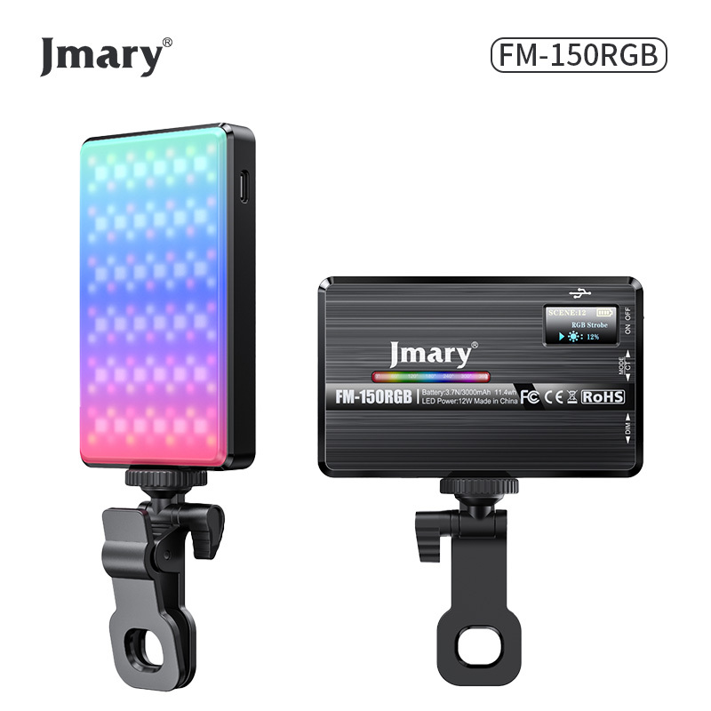 JMARY FM-150 RGB Mini LED Video Light - Portable Pocket RGB Camera Light with Phone Clip & Cold Shoe - 2500K-9000K Dimmable, 3000mAh Rechargeable Battery, 20 Scene Effects for Vlogging, Photography, YouTube, TikTok & Live Streaming