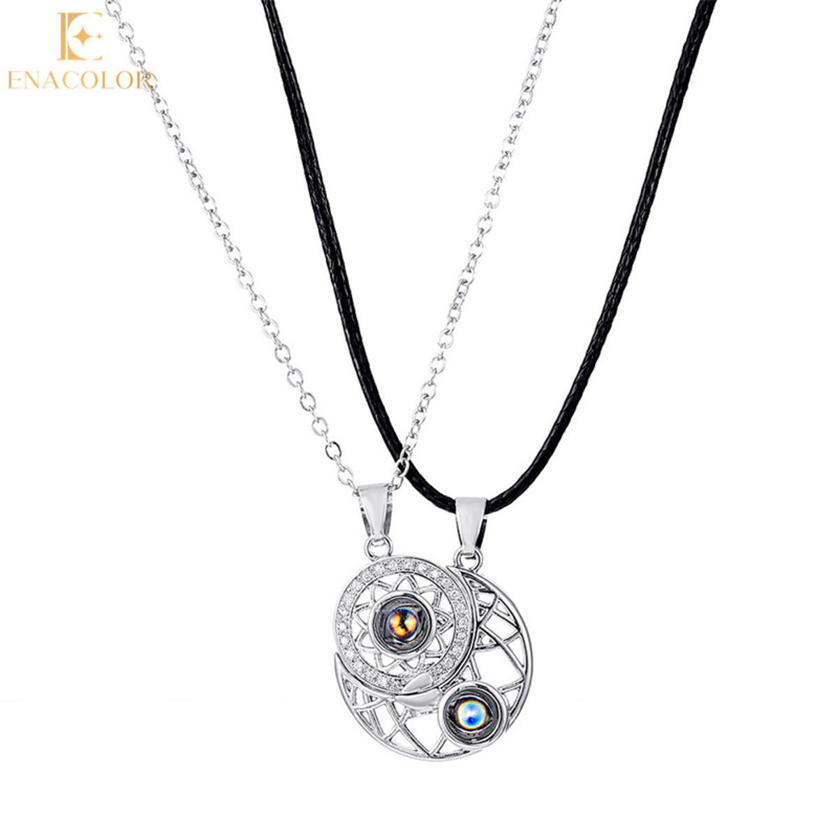 Enacolor Sun Moon Couple Projection Necklace for Women Love You 100 Language Magnetic Pendant Valentine's Day Gifts Lovers 2Pcc/Set