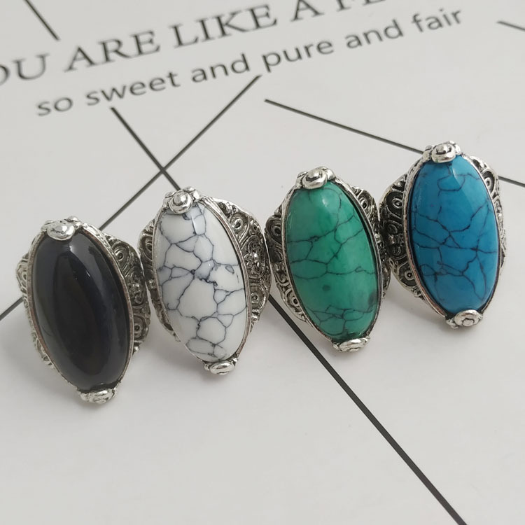 【New Arrivals】4 Color Retro Turquoise Bohemian Ethnic Style Ancient Silver Carved Men's and Women's Ring
