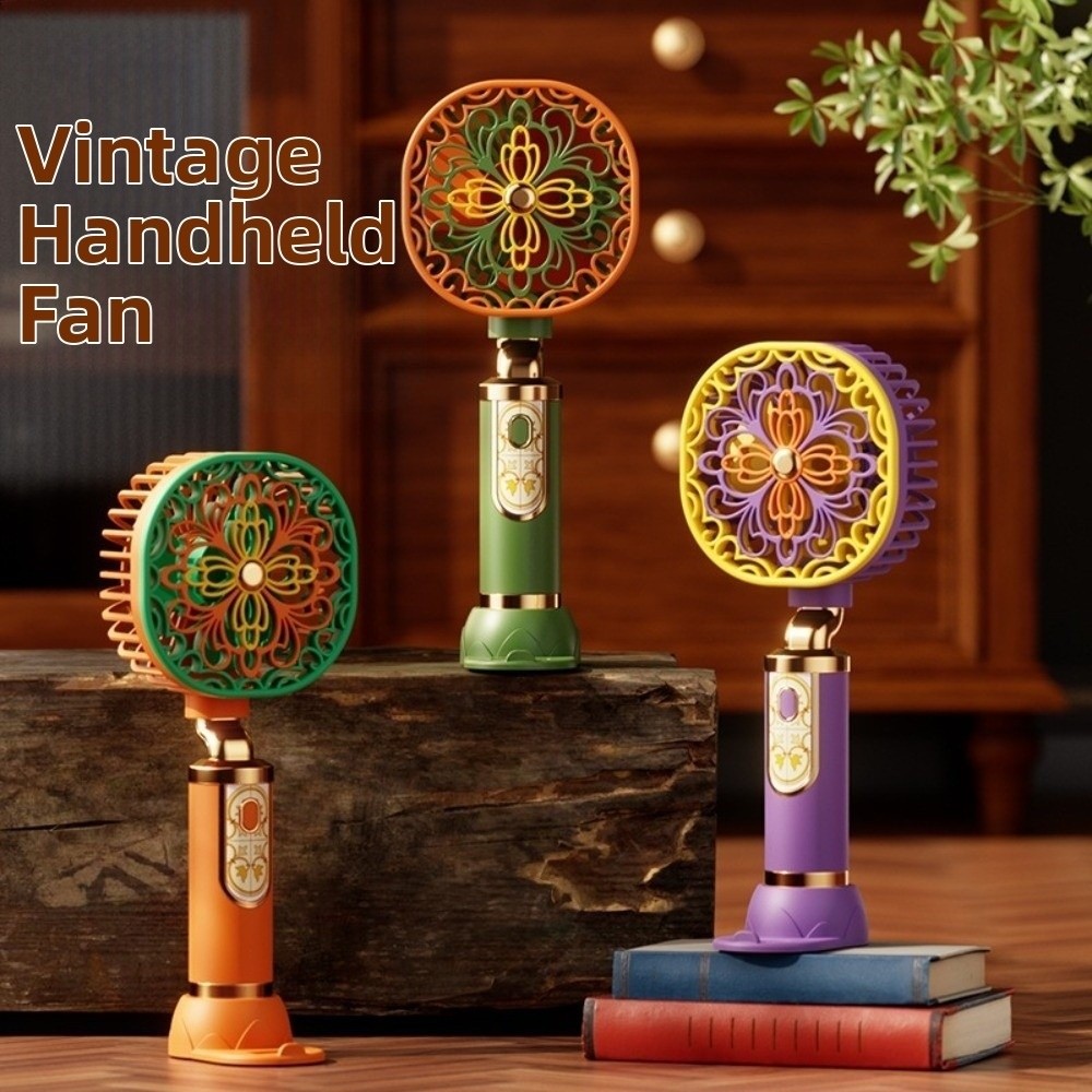 Ethnic style Retro Portable Electric Fan 3 Speeds Strong Wind Personal Cooling Fan Vintage Low Noise Handheld Mini Fan Summer