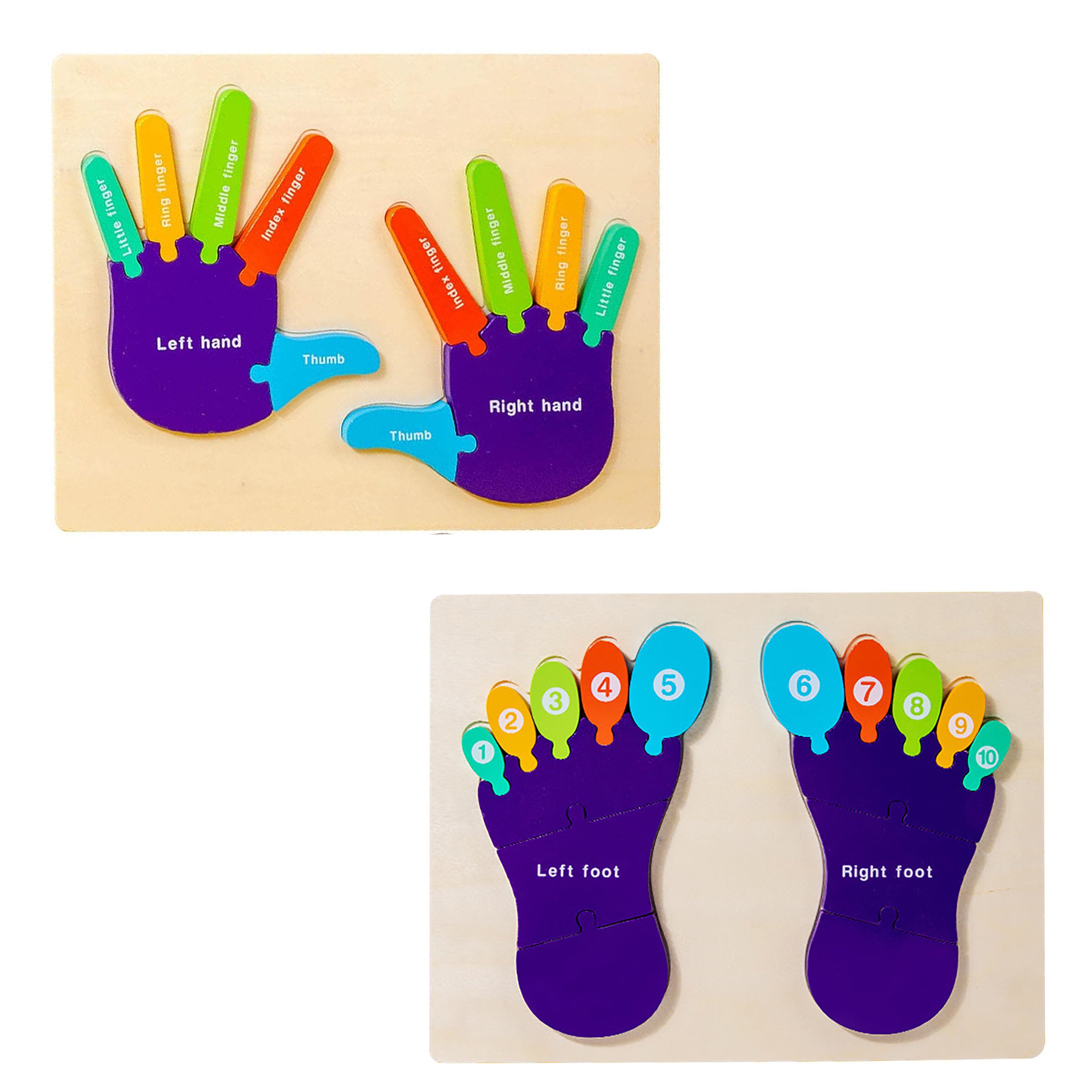 Montessori Colorful Wooden Shaped 3D Baby’s Palm with Each Finger’s Name & Feet with Number, Cognitive Educational Creative Puzzle for Kids