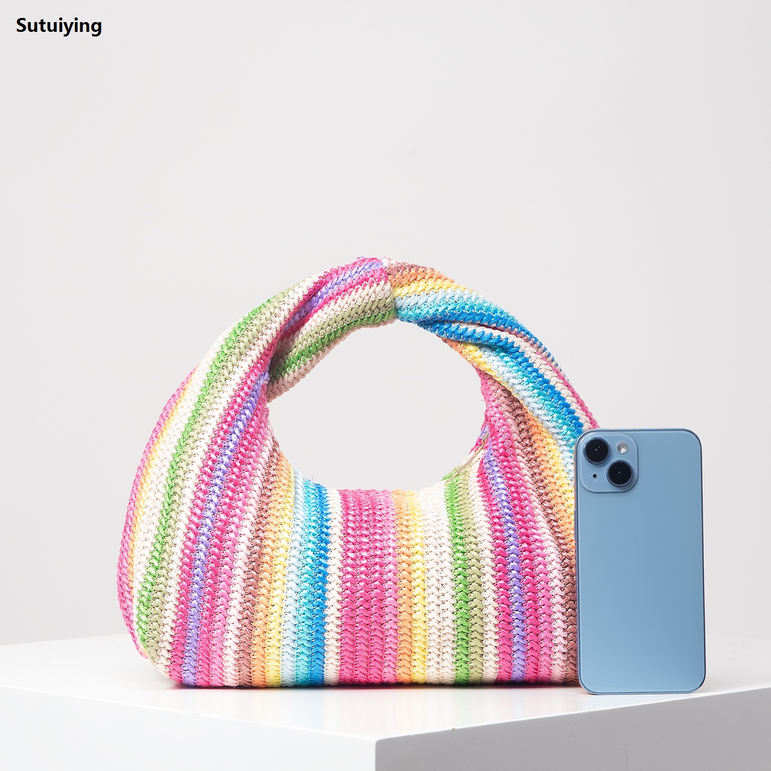 Sutuiying Vintage woven handbag, knotted hand bag, simple commuter bag, 2025 beach bag, holiday casual straw purse (random pattern)