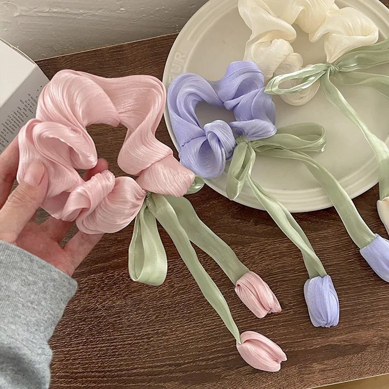 Tulip Flower Fringe Hair Ties and Ribbon Scrunchie Set - Stylish Hair Bands with Sweet Bow Design and Elegant Details for Women’s Updos (1/2/3 Pieces)