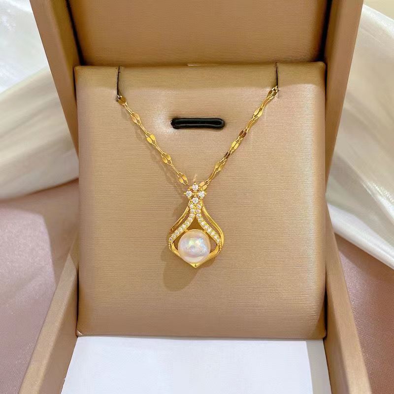 Gold Pearl Infinity Necklace 18 Inch, Solid Gold Chain with 7mm Freshwater Cultured Pearl Pendant, Hypoallergenic, Gift for Women