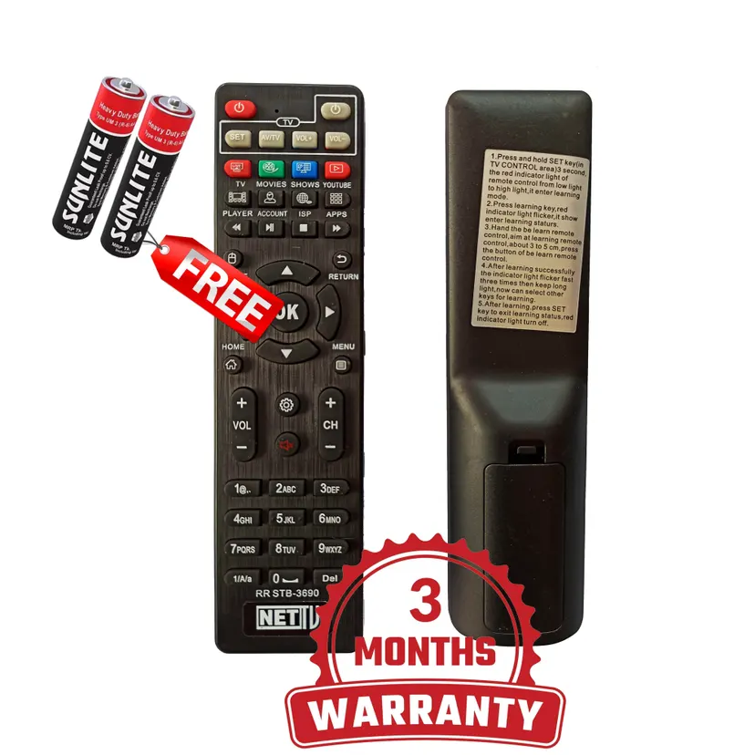 Net TV / Via TV / Dishhome IPTV Remote Made In India With 3 Months Warrenty And Free 2Pc AAA Battery Supports For Dishhome, Nettv, Viatv