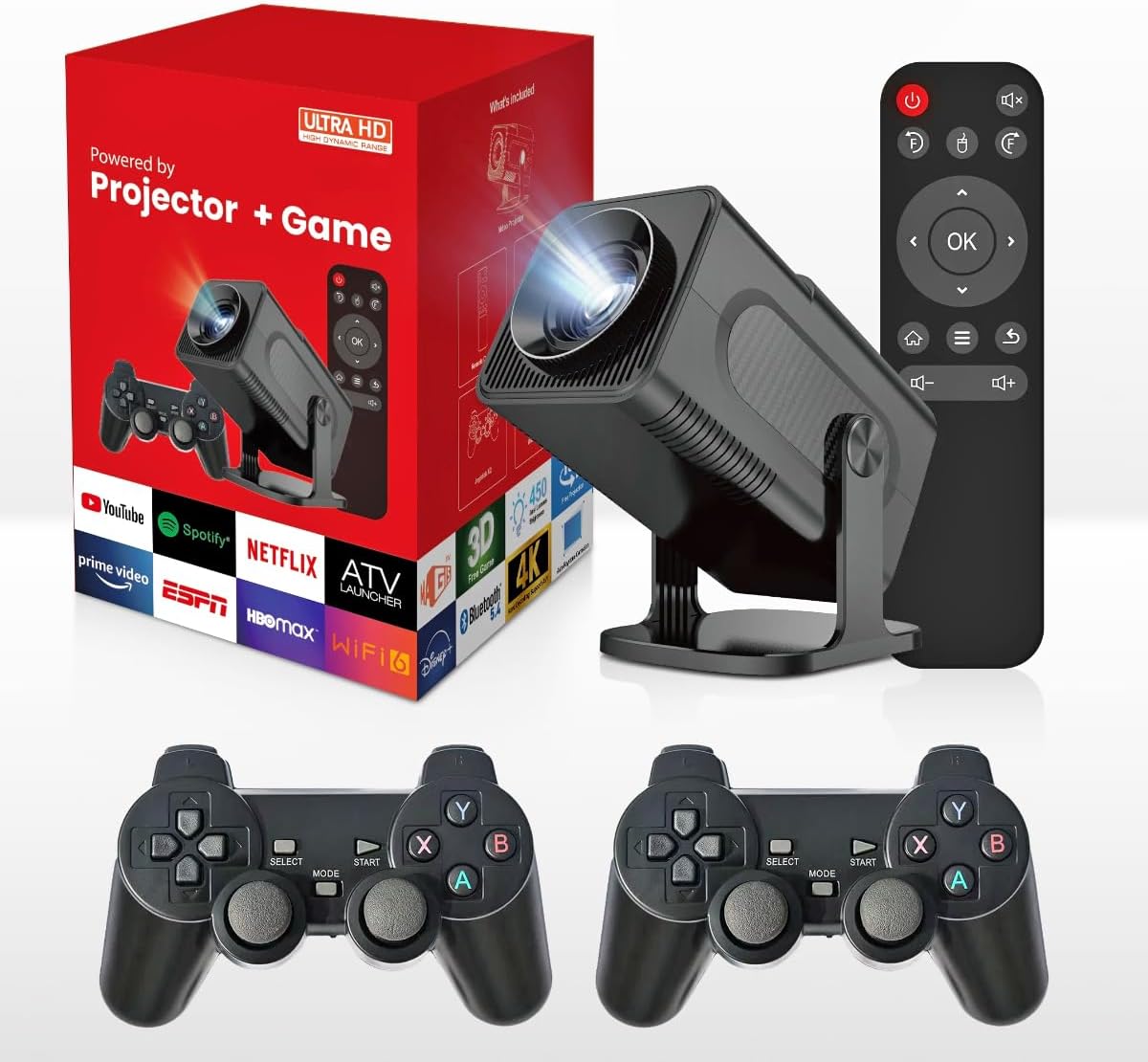 HY320 Mini Andorid Portable Projector with Gaming Console 2 in 1 Gaming Projector 1080P Smart Projector FHD 4K Supported with WiFi 6, Home Theater Outdoor Video Projector