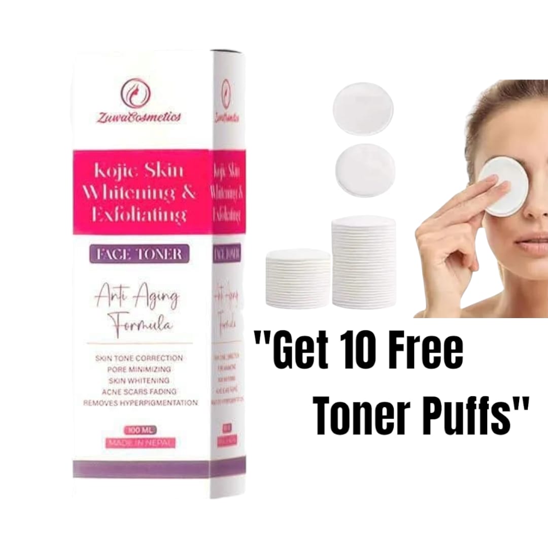 Zuwa Cosmetics Kojic Whitening & Exfoliating Facial Toner - Anti-Aging (100ml) + Free 10 Toner Puffs