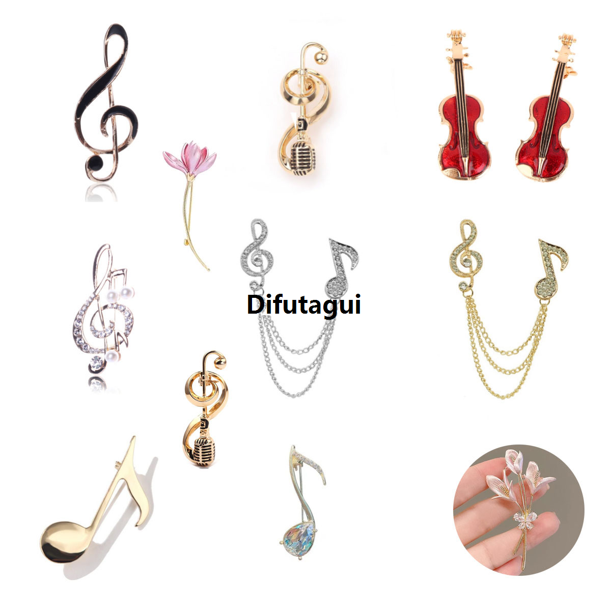 Difutagui Fashion Vintage Music Note Brooches Pins Hat Accessories Scarf Clip Antique Silver Color Crystal Broche For Women Jewelry Gift