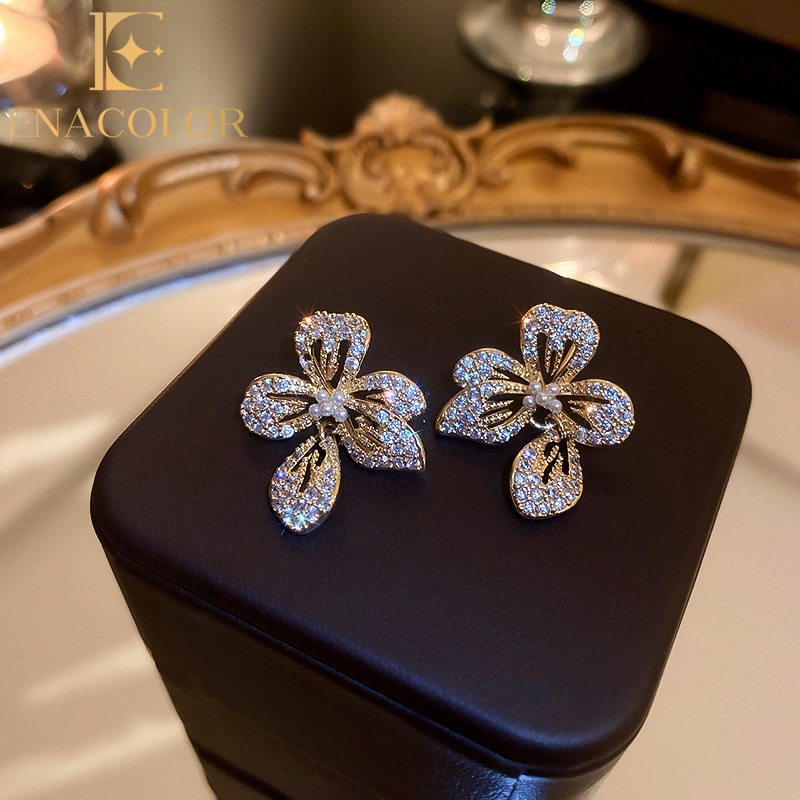 Enacolor Korean New AAA Zircon Flower Earrings Ins Girl