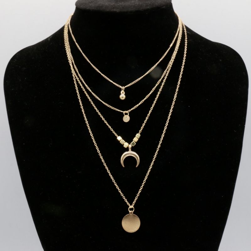 Bohemia Gold Color Multi-layer Moon Disc Pendant Necklace for Women Vintage Stainless Steel Necklace Unisex Jewelry