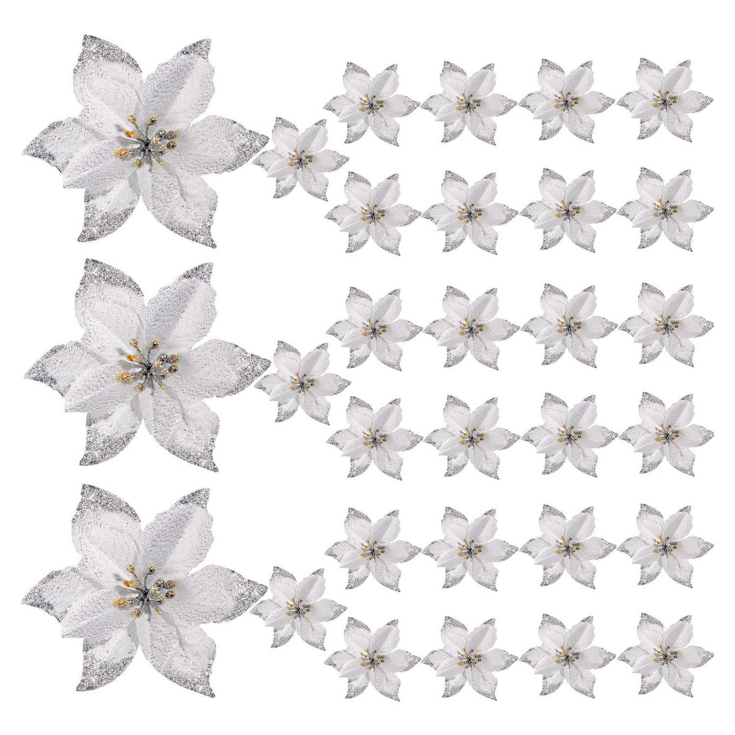 NAMUNY 50 Pack Glitter Poinsettia Christmas Tree Ornaments Artificial Silk Flowers Picks Decor Wreath Garland Holiday (Silver)
