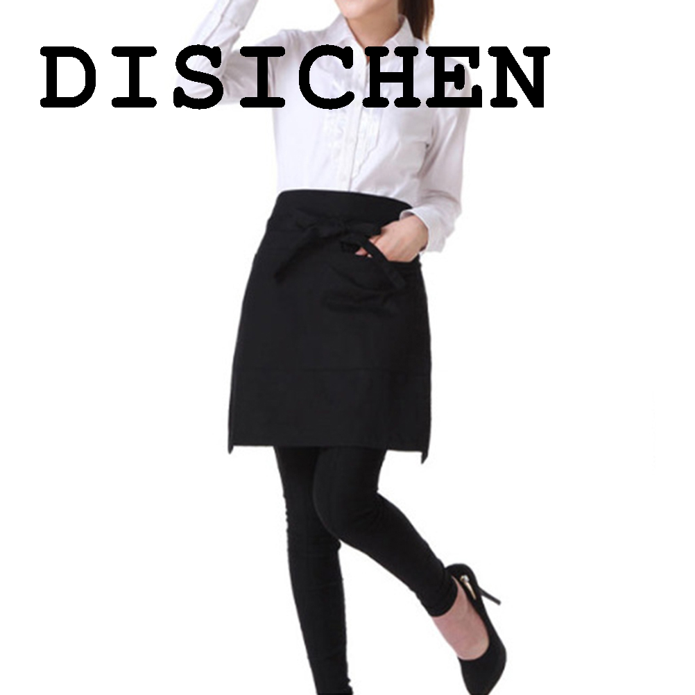 DISICHEN High Quality Black Half-length Apron With Pockets Women Waitress Antifouling Work Coffee Tea Shop Cafe Cooking Kitchen Men Short Waist Aprons