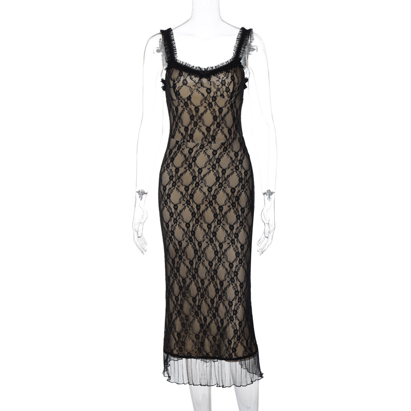 Saxy Backless Mesh Lace Midi Evening Prom Dress Elegant Outfits for Women Double Layered Fabric Party Summer V Neck Slip Dresses Bles Online DZ-38B.19