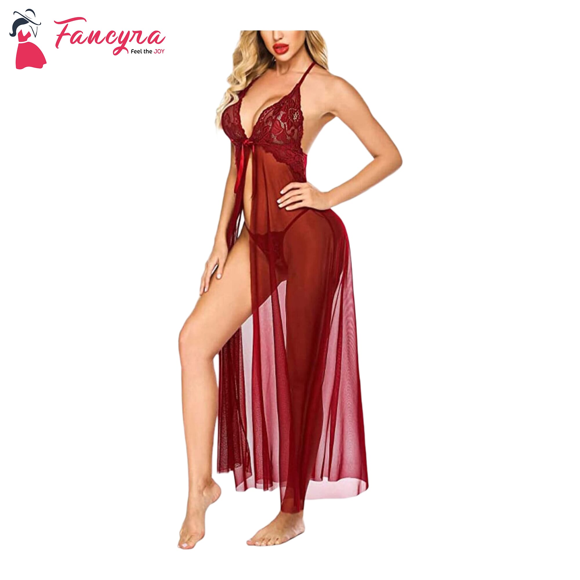 Fancyra Elegant Lace Lingerie Set with High Split Maxi Dress and G String Panty, Free Size Wine Red