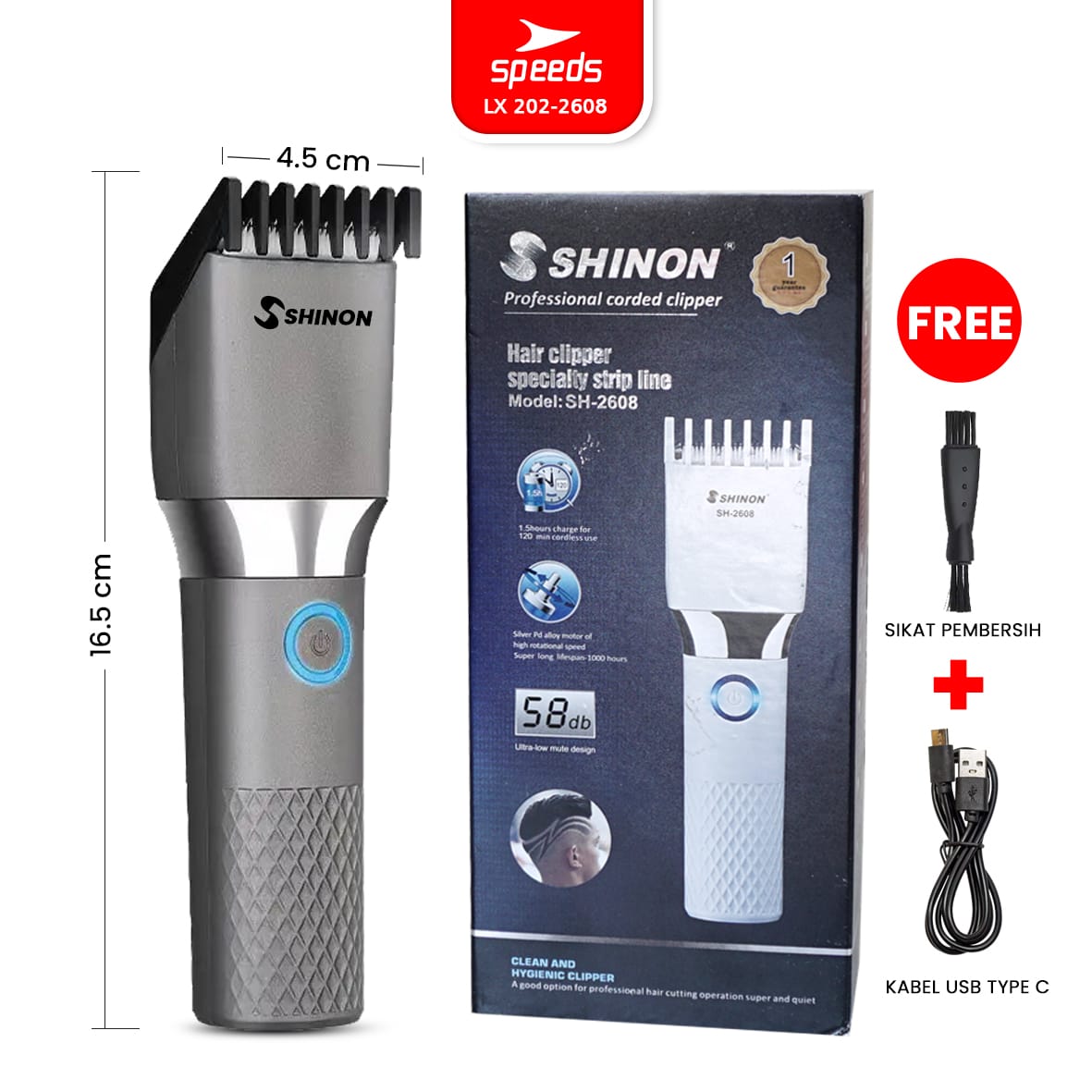 SHINON SH-2608 USB Charging Rechargeable Hair Clipper 7 Adjustable Length Setting (3mm to 12mm) Digital Battery Level Display Power Switch with Blue LED Light