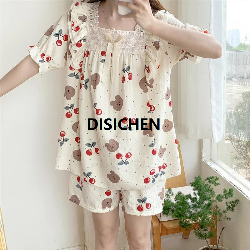 DISICHEN Korean Sweet Cute Y2k Women's 2Ps/set Pajamas Cartoon Print Short Female Sleepwear 2024 New Cotton and Linen Housewear Special