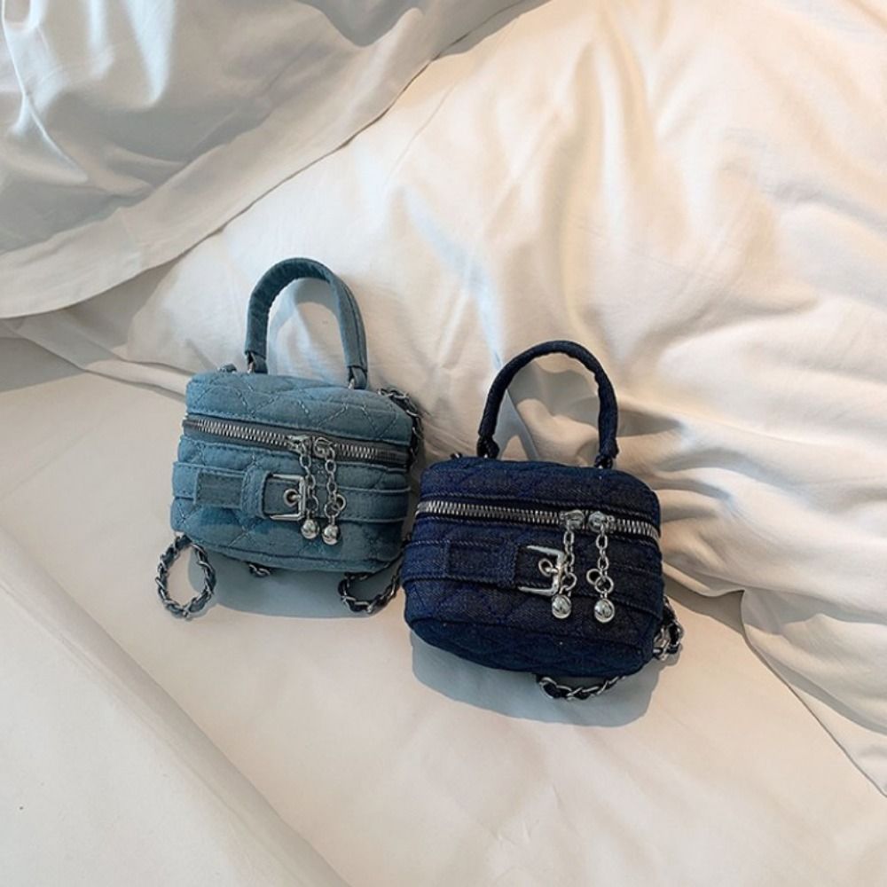 New Large Capacity Bucket Small Bag Portable zipper Lipstick Accessory Bag Blue Denim Denim Chain Bag Women