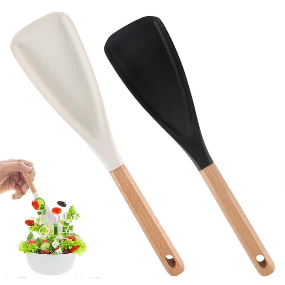 Easy To Use Multifunction Salad Shovel Silicone High Temperature Resistance Cooking Spoons Wear-resistant Wooden Handle Spatula Spoon Kitchen