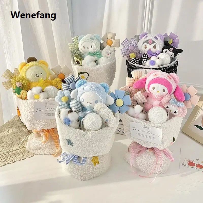 Wenefang Sanrio Hello Kitty Bouquet Cute Cartoon Plush Doll Flower Cinnamoroll Profesional Kuromi My Melody Toys Flower Girl Child Holiday Gifts