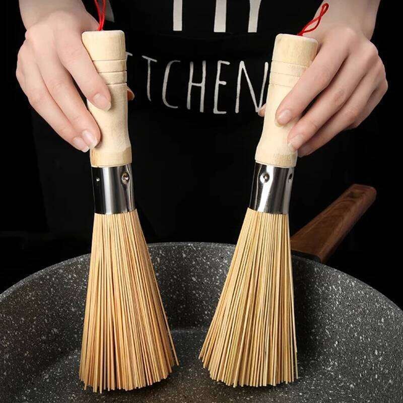 Natural Bamboo Pot Long Handle Wok Cleaning Dish Brush Kitchen Tool Supplies For Home Restaurant