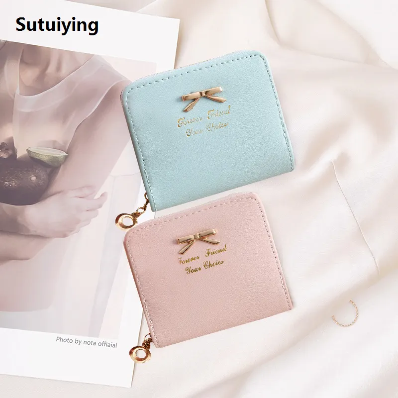 Sutuiying 1PC Wallet Female Short for Coins New Cute Candy Bow Women Small Original Leather Wallets Zipper Purses Girls Lady Purse Card Holders - image 1