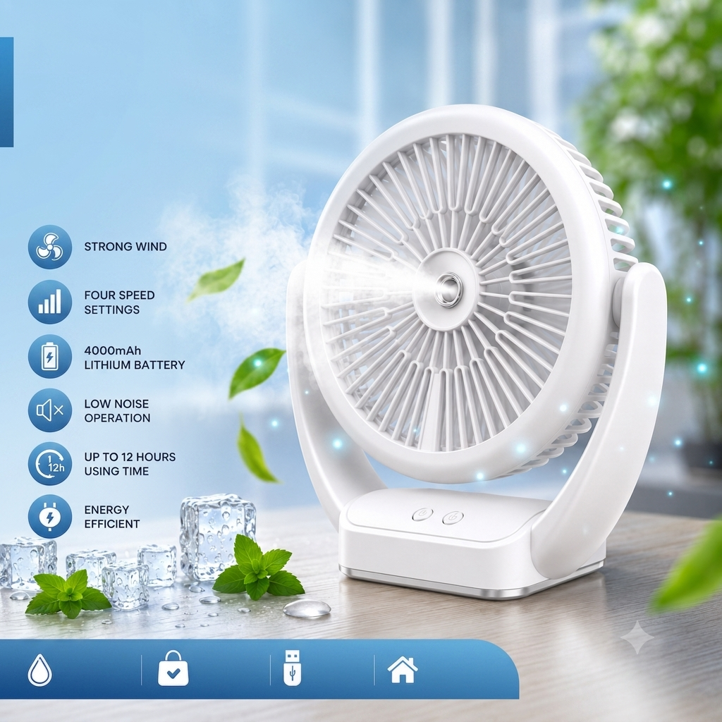 Portable Ultrasonic Mist Cooling Fan with rechargeable Battery - 4 Speeds Rechargeable Desktop Mist Fan Battery Backup Cool Air Spray Fan Multi-Functional Mini Water Spray Cooling Fan - Portable USB Desk Fan Portable Mist Cooling Fan (Rechargeable,