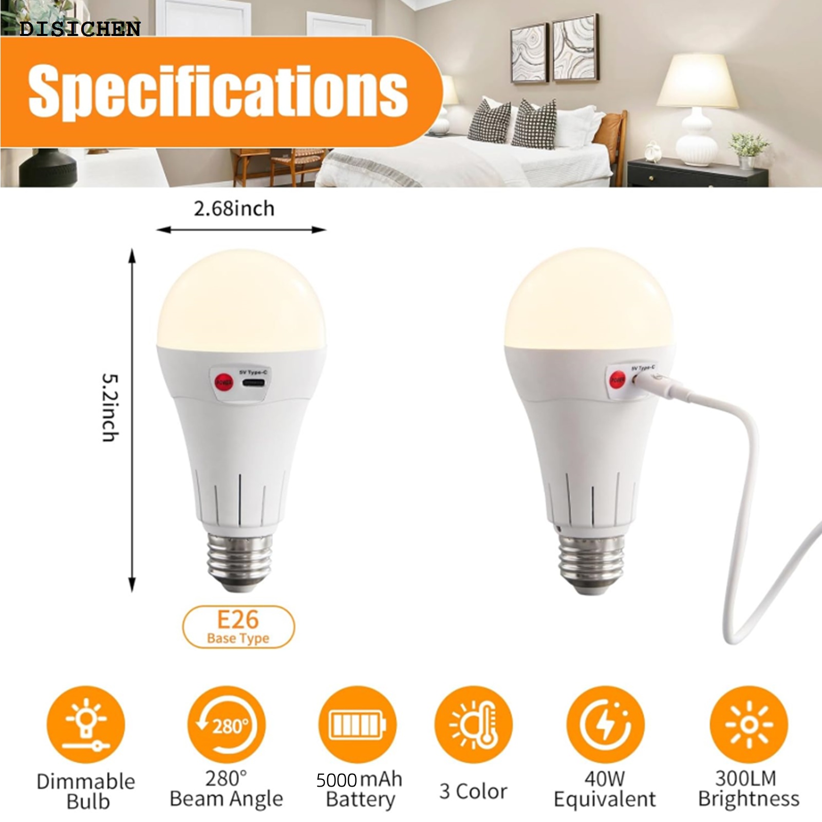 DISICHEN Bargain price Nooknova Rechargeable Battery Operated Light Bulbs with Remote, E27 Wireless LED Battery Powered Light Bulb for Non-Hardw