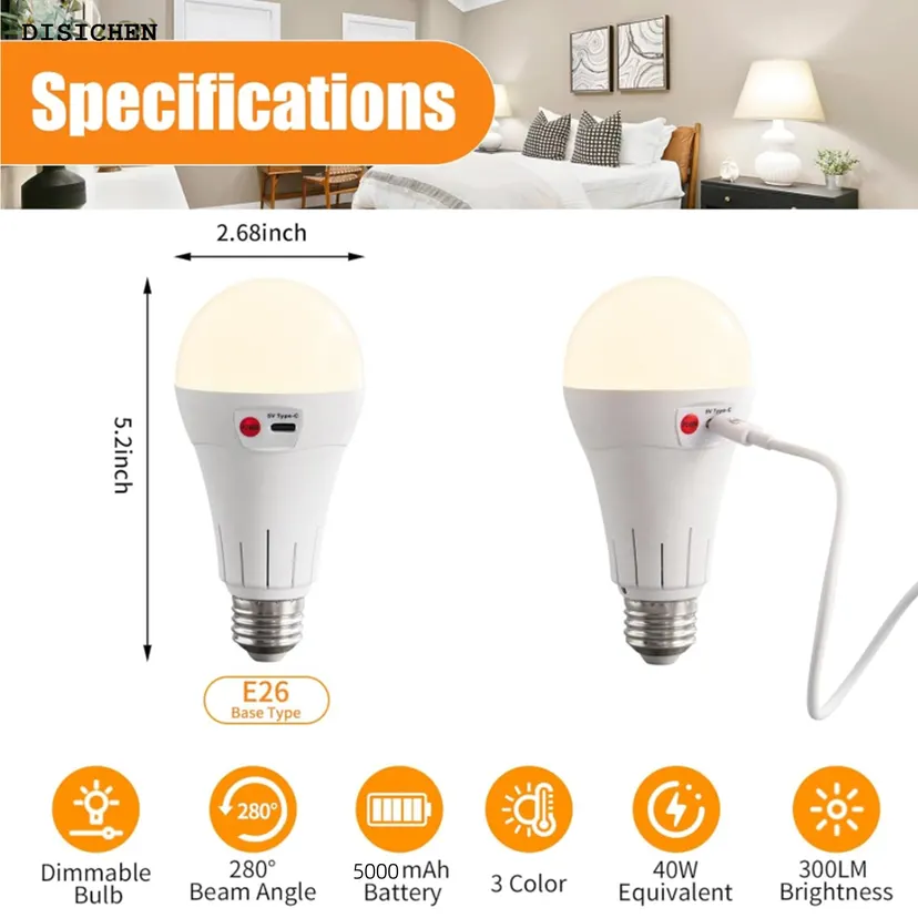 DISICHEN Bargain price Nooknova Rechargeable Battery Operated Light Bulbs with Remote, E27 Wireless LED Battery Powered Light Bulb for Non-Hardw