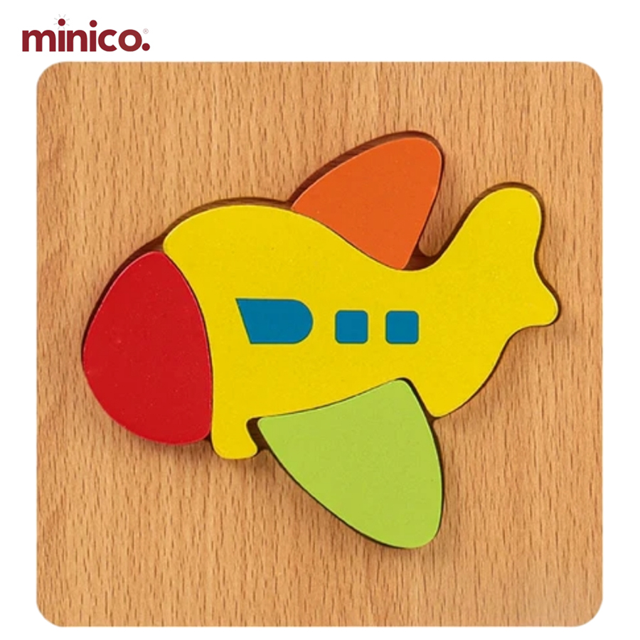 Minico Wooden Airplane Puzzle for Kids - Montessori Educational 3D Jigsaw - Early Learning Preschool Toy - 15cm x 15cm - Safe & Smooth Natural Wood