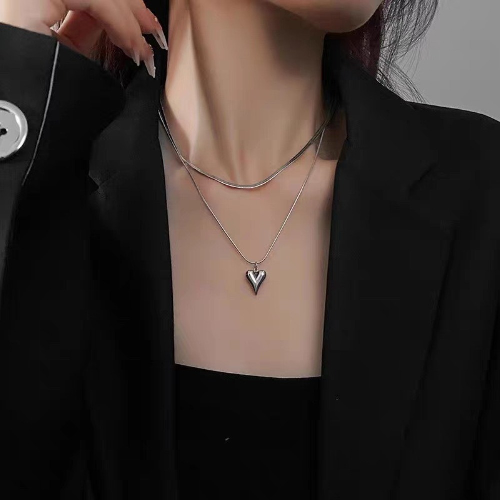 Gift Double Layered Love Heart Pendant Necklace Ins Style Silver Color Neck Chain Simple Heart Necklace for Women