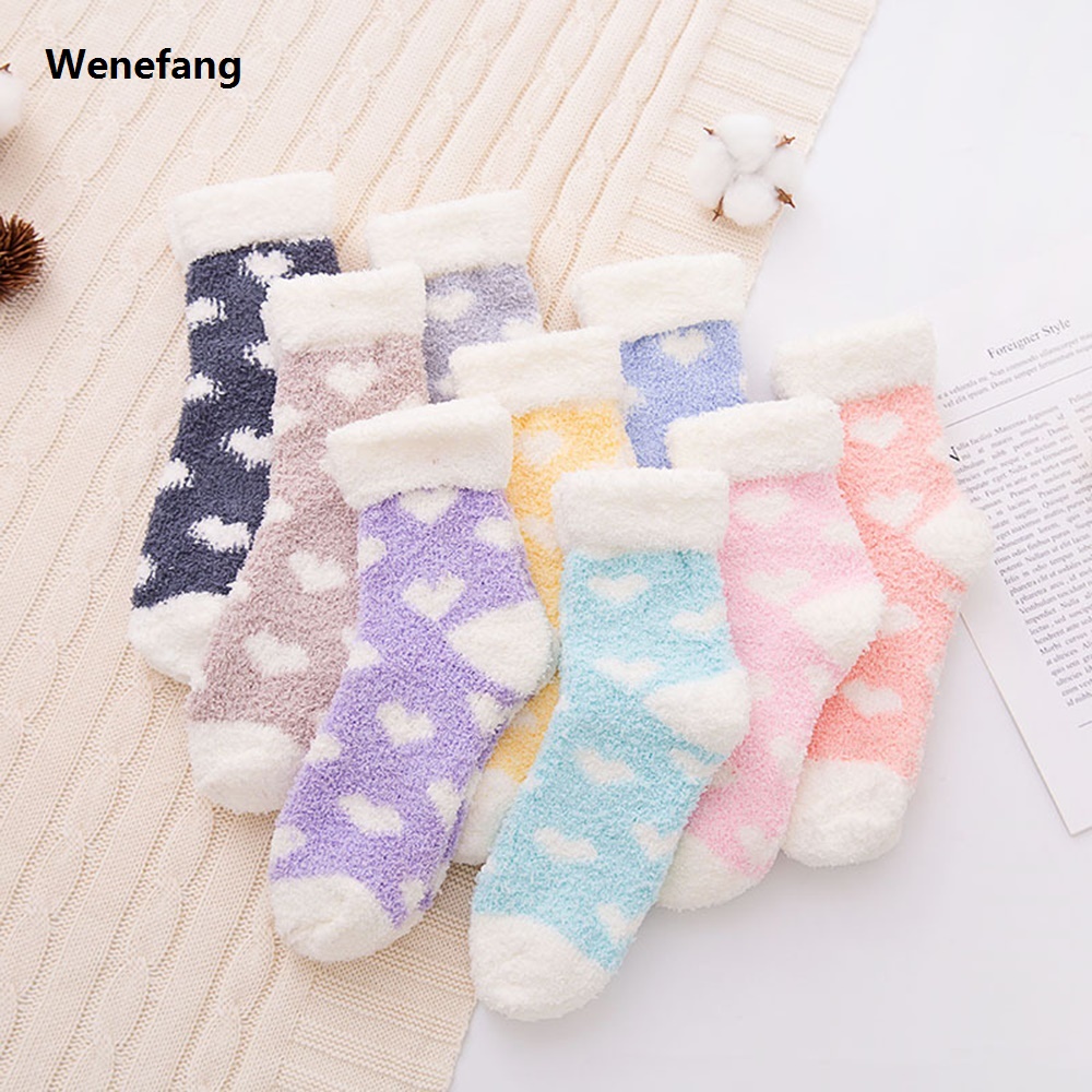 Wenefang Ladies Cute Heart Printed Soft Fuzzy Slipper Socks Girls Lovely Winter Thick Warm Floor Bed Socks Women Indoor Thrmal Fluffy Sox
