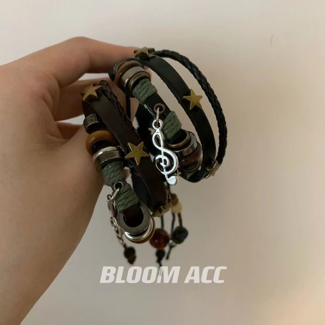 High Street Girl Retro Multi-layer Ethnic Style Bracelet Beaded Genuine Leather Hot Girl Music Symbol Pentagram Woven Bracelet