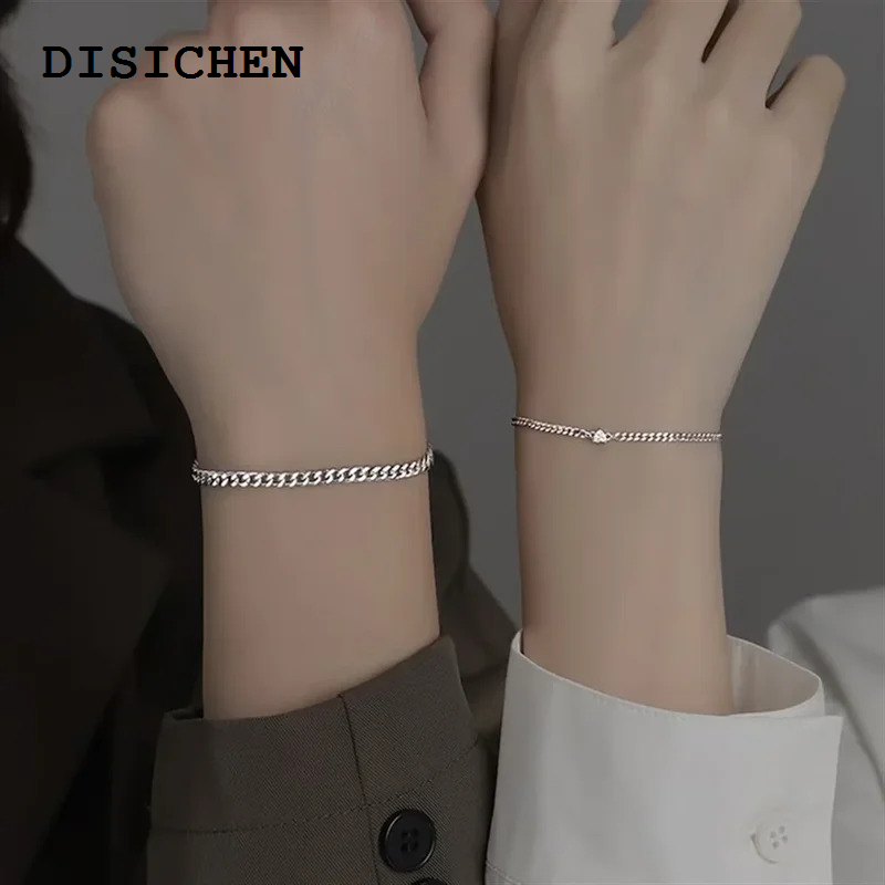 DISICHEN Luxury 2PCs simple fashion stainless steel bracelet set for couple unisex women men lover crystal heart silvery chain bracelets jewelry