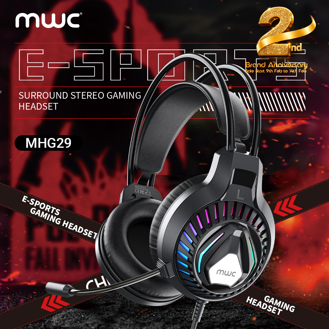 MWC MHG29 | GAMING HEADPHONE | 3.5mm Audio | 50mm Driver | Colorful Lighting(RGB Light) | 5.1 listening to the so (for accurate positional audio) | With Microphone-Black