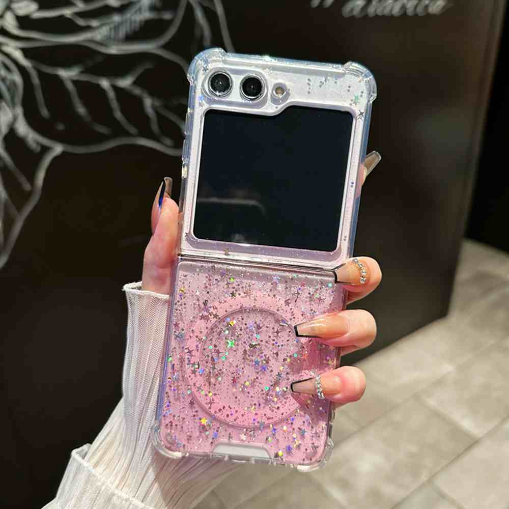 HODON Stars Bling Glitter Magnetic Phone Cases For Samsung Galaxy Z Flip 7 6 5 4 3 ZFlip7 Flip6 ZFlip5 ZFlip4 Magsafe Case Wireless Charging Clear Shockproof Back Cover