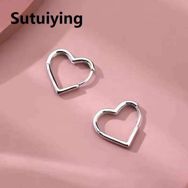 Sutuiying Simple Design Silver Color Hollow Heart Hoop Earrings For Women New Brand Fashion Ear Cuff Piercing Vintage Earring Gift