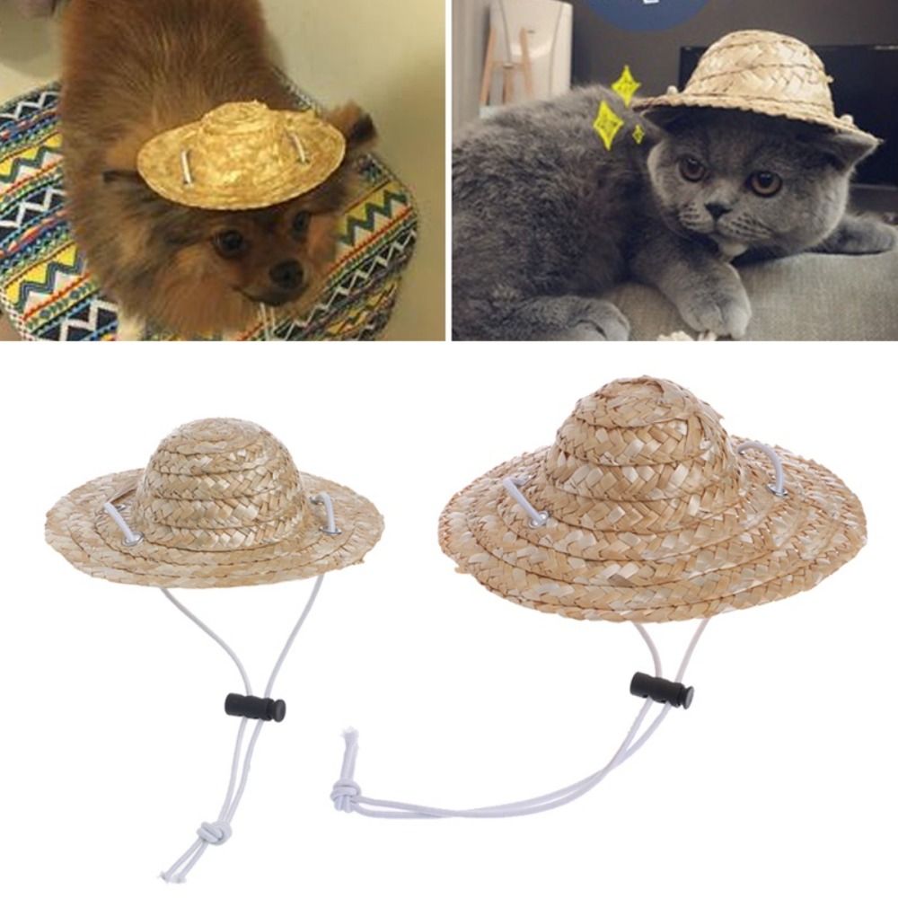 Cute Adjustable Pet Woven Hat Dog Decorative Hat Photo Prop Run Straw Hat Cat Party Hats For Small Dog Puppy Cat