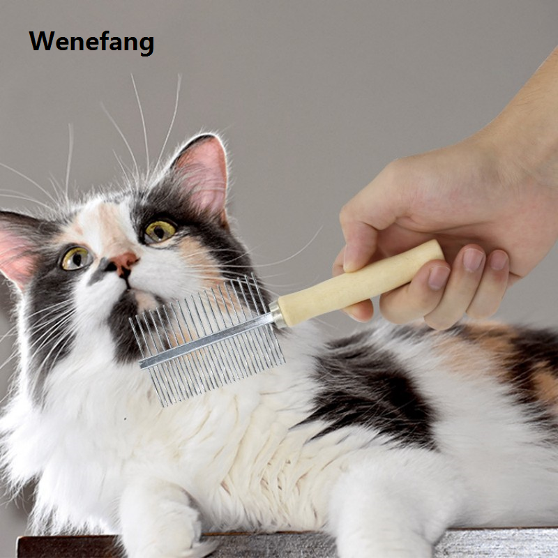 Wenefang Dog Comb Stainless Steel Dog Brush Pet Hair Remover Wooden Handle Brush for Dogs Hair Knot Opening Massage Cat Comb Pet Grooming