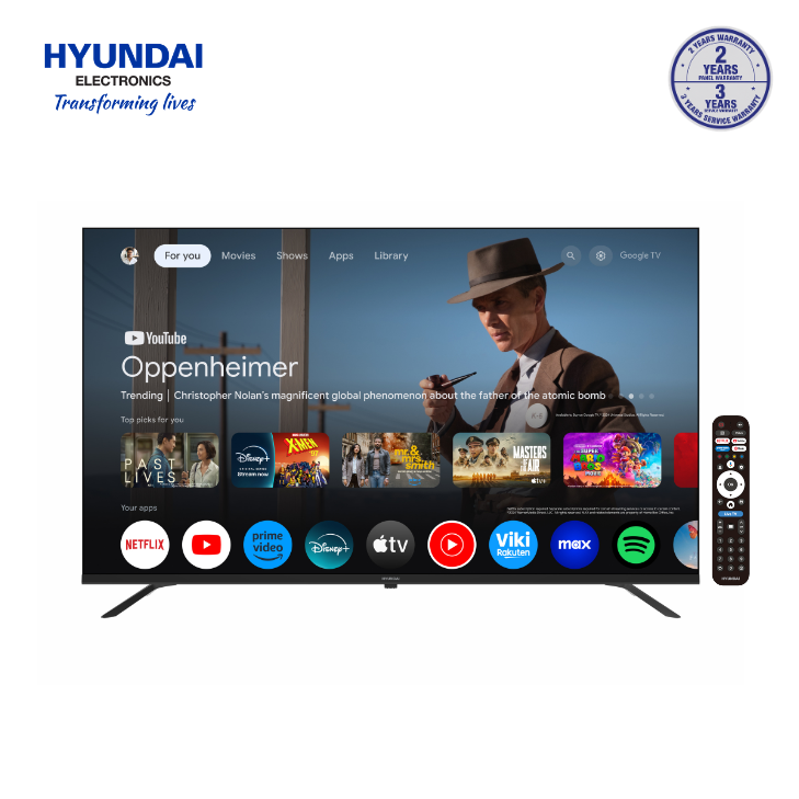 Hyundai 65 Inch QLED 4K UHD Smart Android Google TV (65HYGTVQL4K-SMART) | Dolby Audio | Android 14 | 2GB RAM + 64GB Storage | Bluetooth 5.1 | Frameless Design