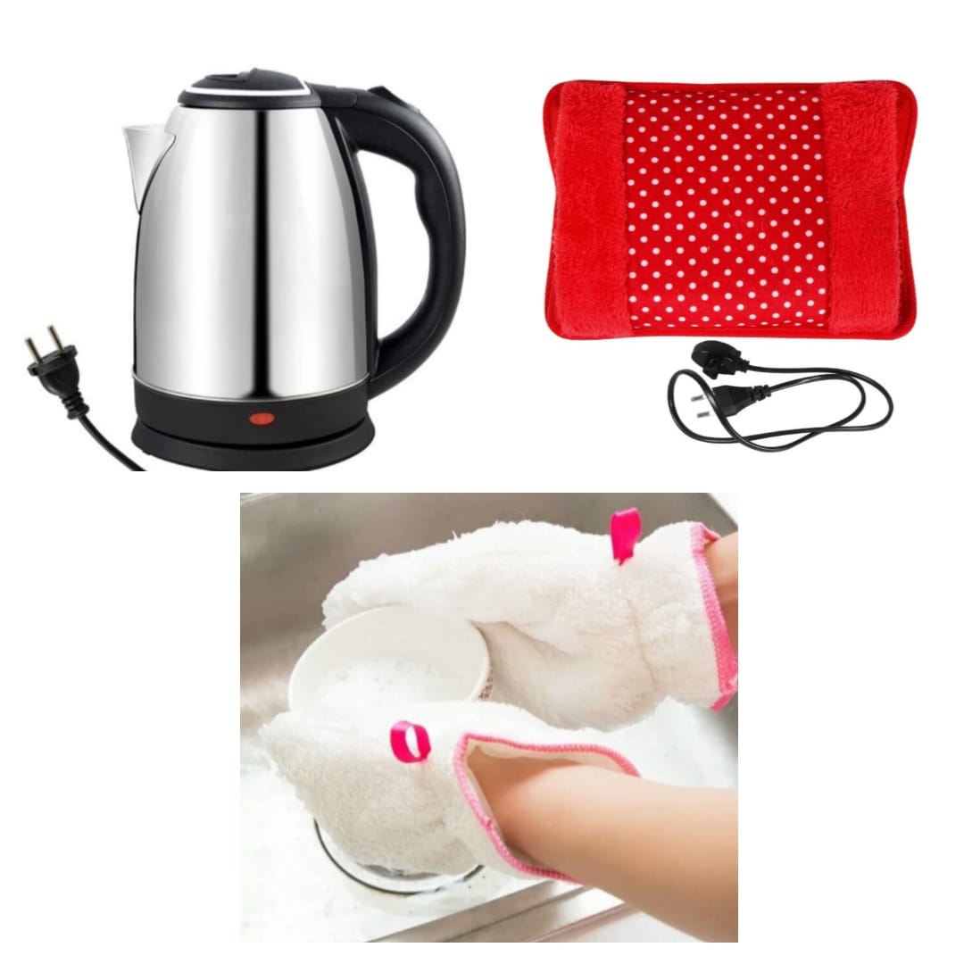 3 In 1 Winter Combo Of Water Kettle, Hot Bag and Microfiber gloves