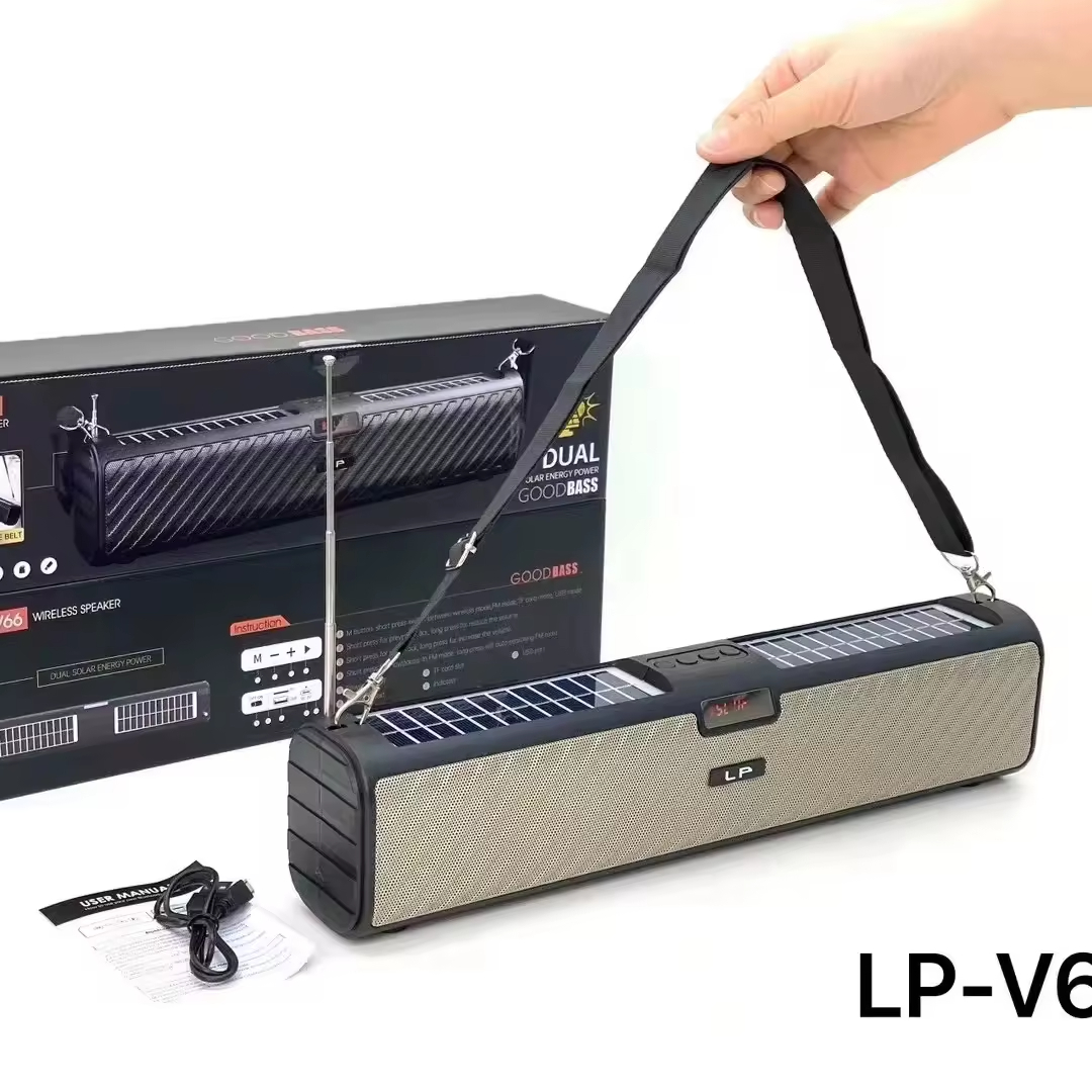 LP-V66 Dual Solar Charging Wireless Bluetooth Speaker | Stereo Bass | Portable Crossbody Carry Speaker
